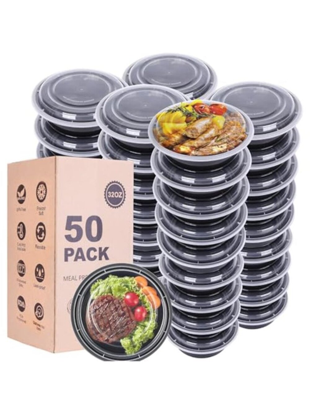 Meal Prep Containers with Lids - 50Pack 32OZ Meal Bowls, Round To Go Containers
